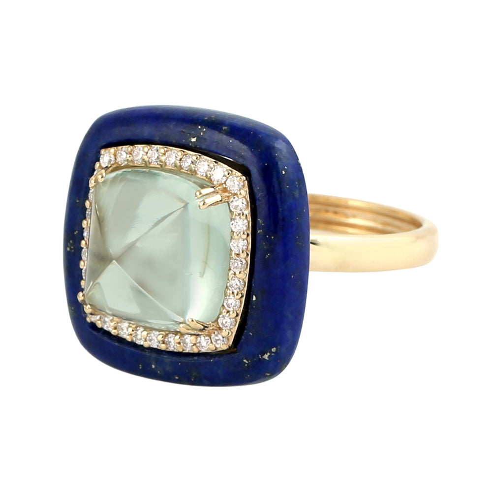 Green Amethyst and Lapis Gemstone Pave Diamond Dome Ring in 18K Yellow Gold