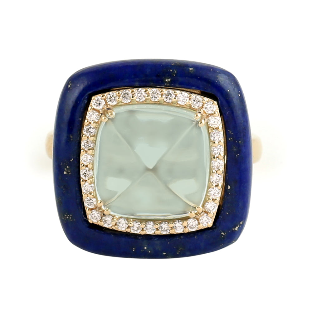 Green Amethyst and Lapis Gemstone Pave Diamond Dome Ring in 18K Yellow Gold