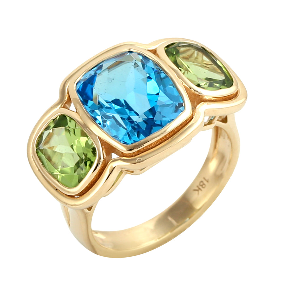 Cushion Cut Topaz And Peridot Gemstone Three Stone Ring In 18K Yellow Gold