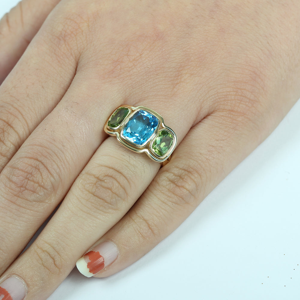 Cushion Cut Topaz And Peridot Gemstone Three Stone Ring In 18K Yellow Gold