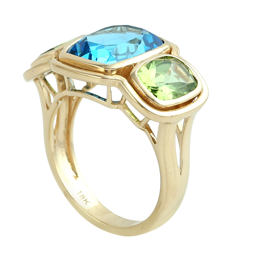 Cushion Cut Topaz And Peridot Gemstone Three Stone Ring In 18K Yellow Gold
