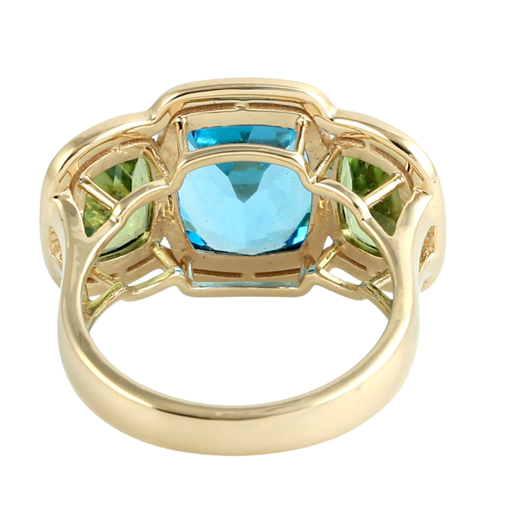 Cushion Cut Topaz And Peridot Gemstone Three Stone Ring In 18K Yellow Gold