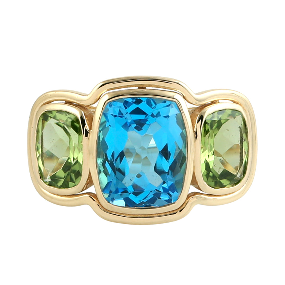 Cushion Cut Topaz And Peridot Gemstone Three Stone Ring In 18K Yellow Gold