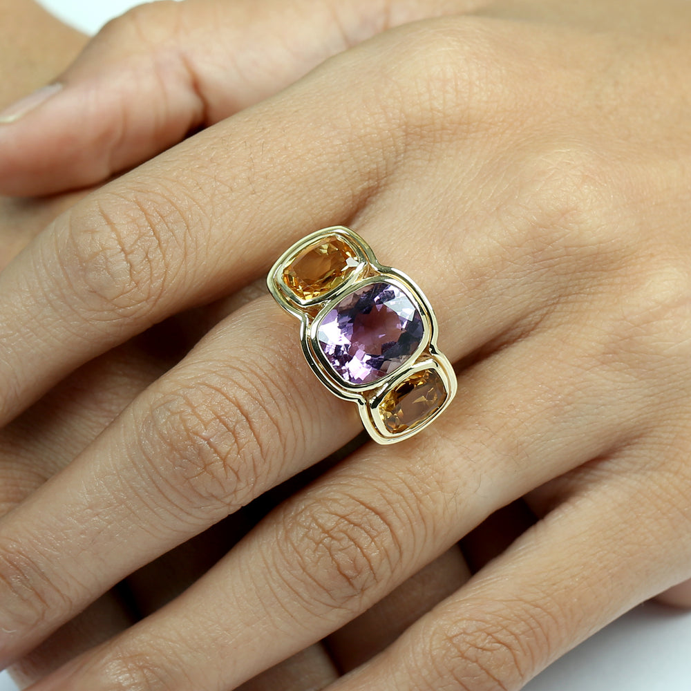 Cushion-Cut Amethyst & Citrine Three-Stone Ring in 18K Yellow Gold