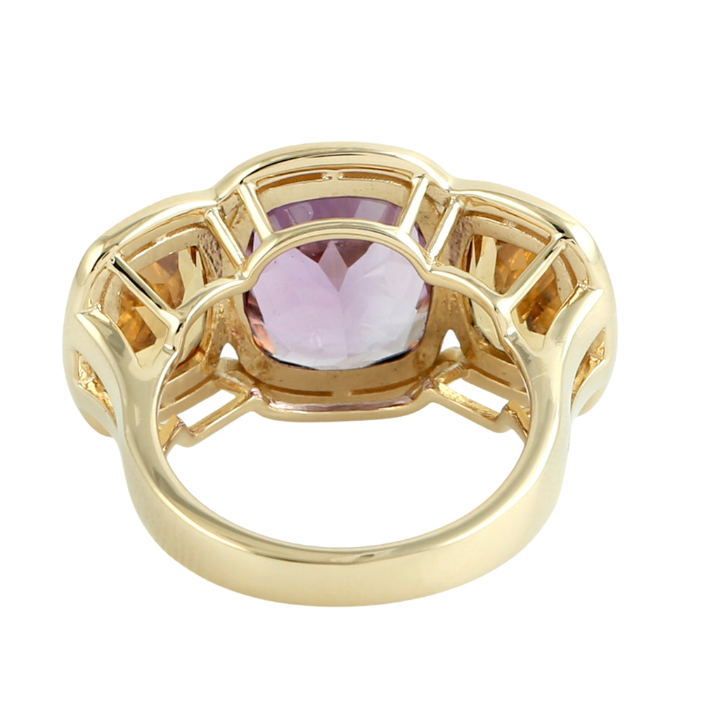 Cushion-Cut Amethyst & Citrine Three-Stone Ring in 18K Yellow Gold