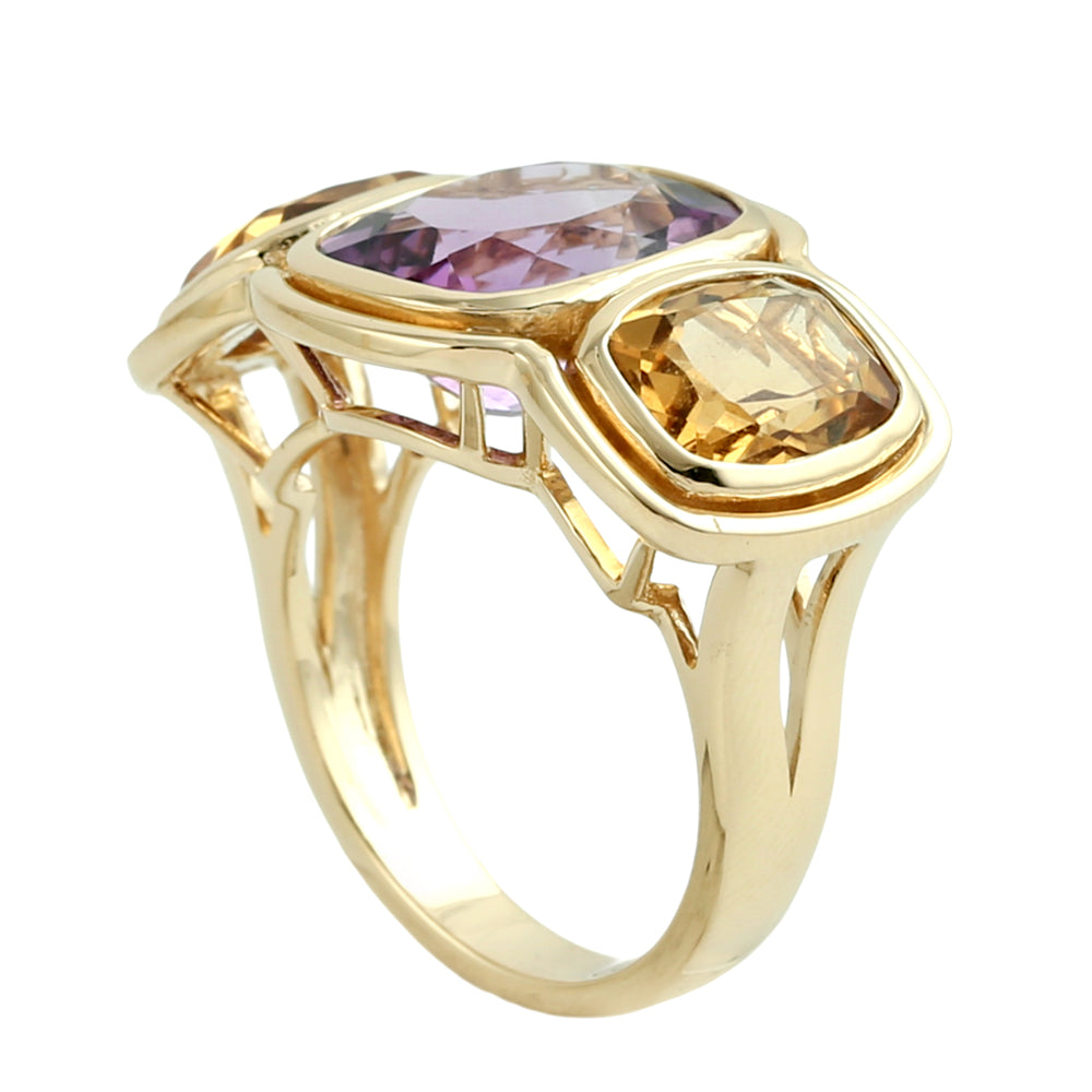 Cushion-Cut Amethyst & Citrine Three-Stone Ring in 18K Yellow Gold
