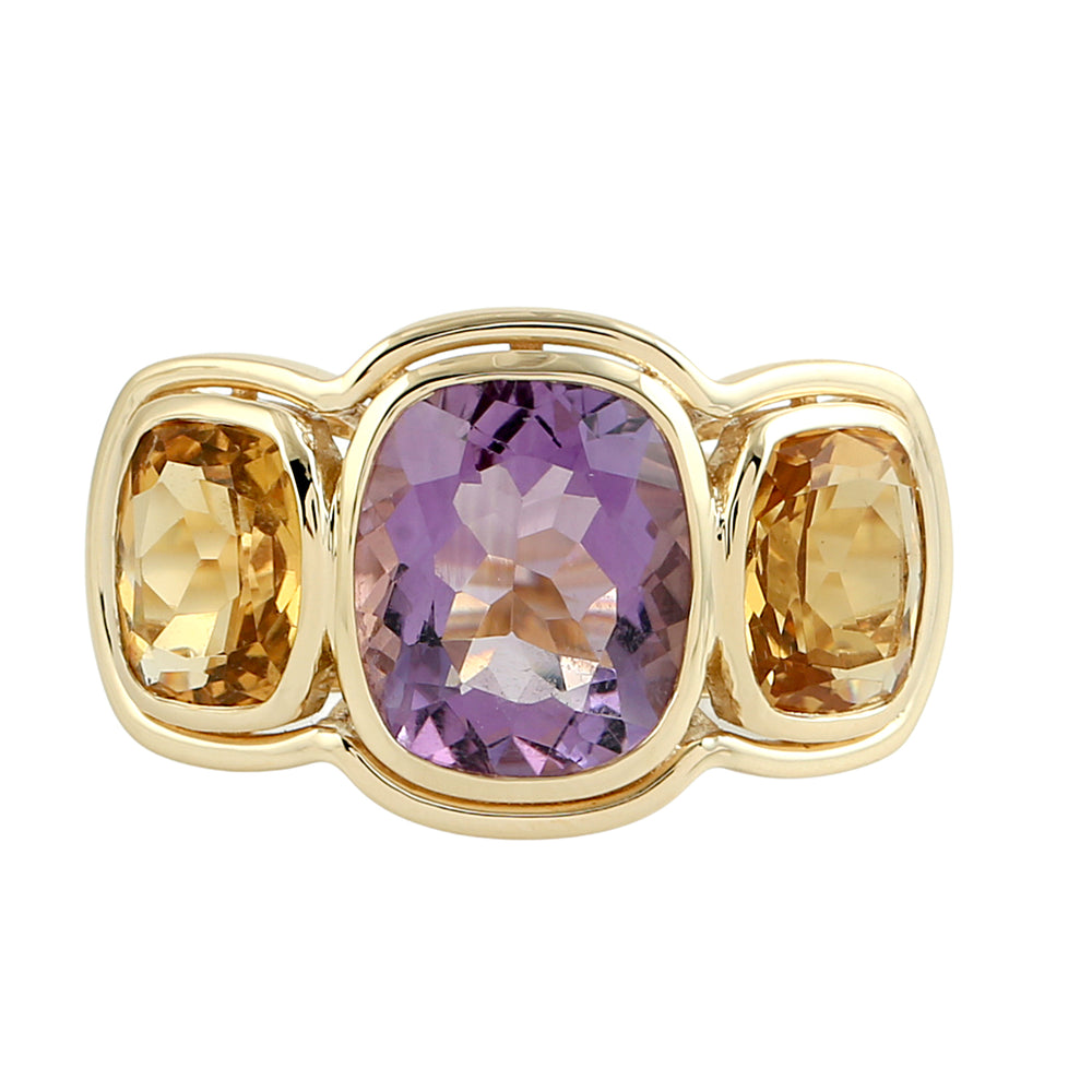 Cushion-Cut Amethyst & Citrine Three-Stone Ring in 18K Yellow Gold