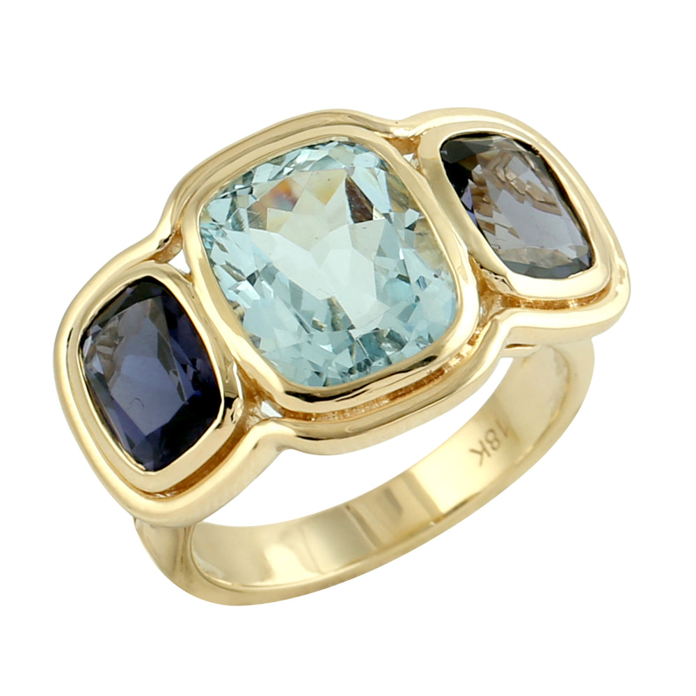 Cushion-Cut Aquamarine & Iolite Three-Stone Ring in 18K Yellow Gold