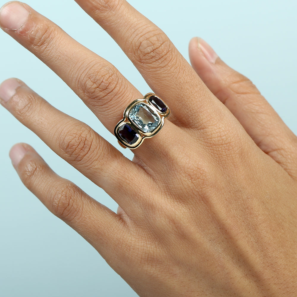 Cushion-Cut Aquamarine & Iolite Three-Stone Ring in 18K Yellow Gold