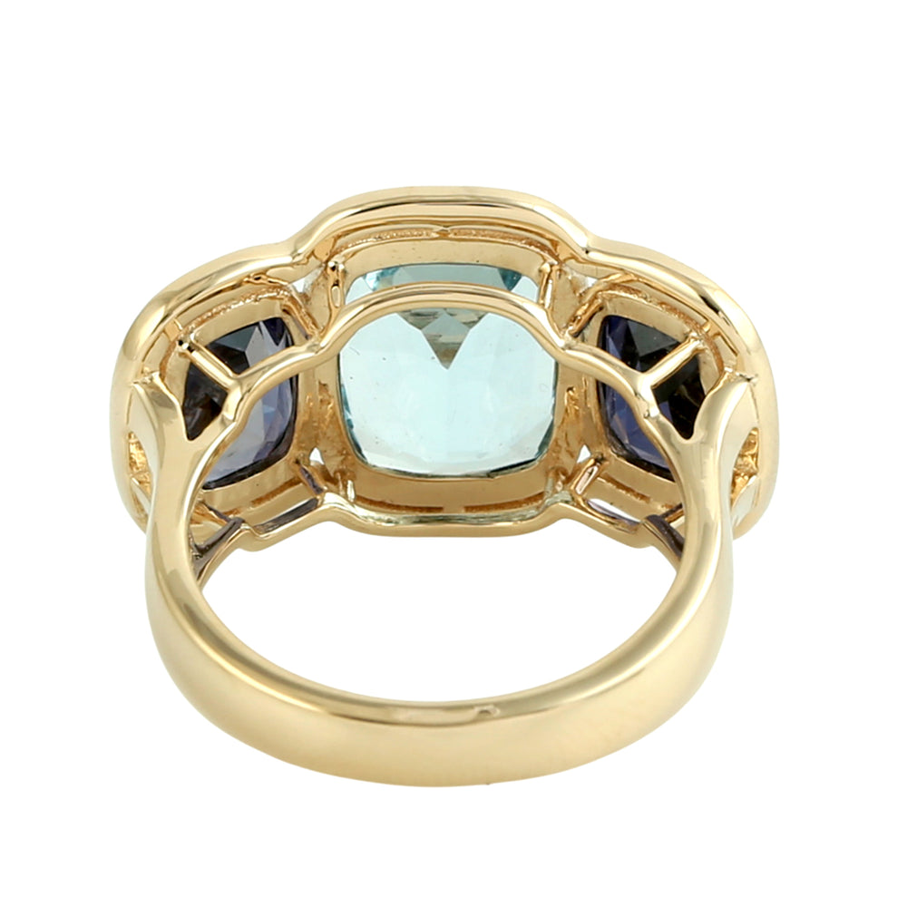 Cushion-Cut Aquamarine & Iolite Three-Stone Ring in 18K Yellow Gold