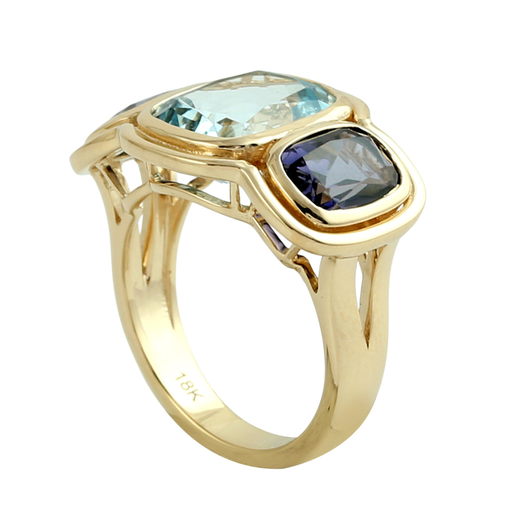 Cushion-Cut Aquamarine & Iolite Three-Stone Ring in 18K Yellow Gold