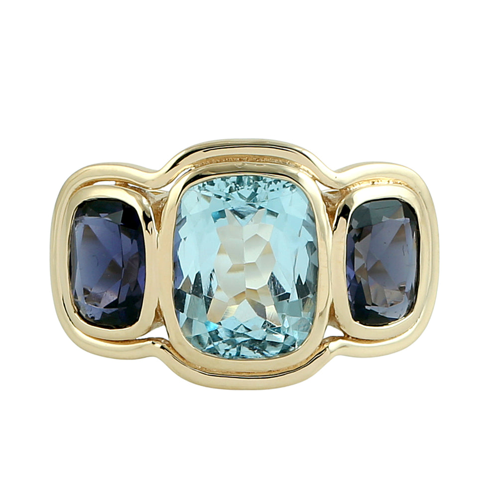 Cushion-Cut Aquamarine & Iolite Three-Stone Ring in 18K Yellow Gold
