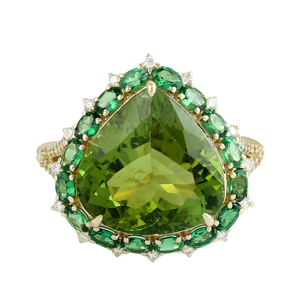 Green Tourmaline & Tsavorite Pave Diamond Cocktail Ring in 14K Yellow Gold