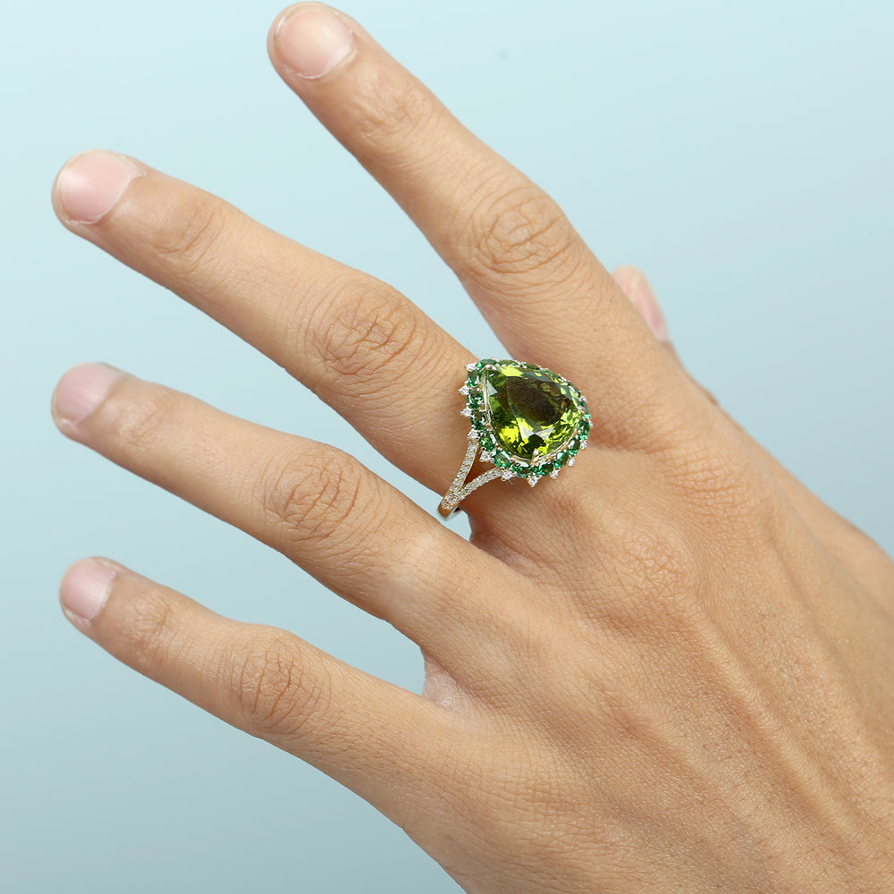 Green Tourmaline & Tsavorite Pave Diamond Cocktail Ring in 14K Yellow Gold