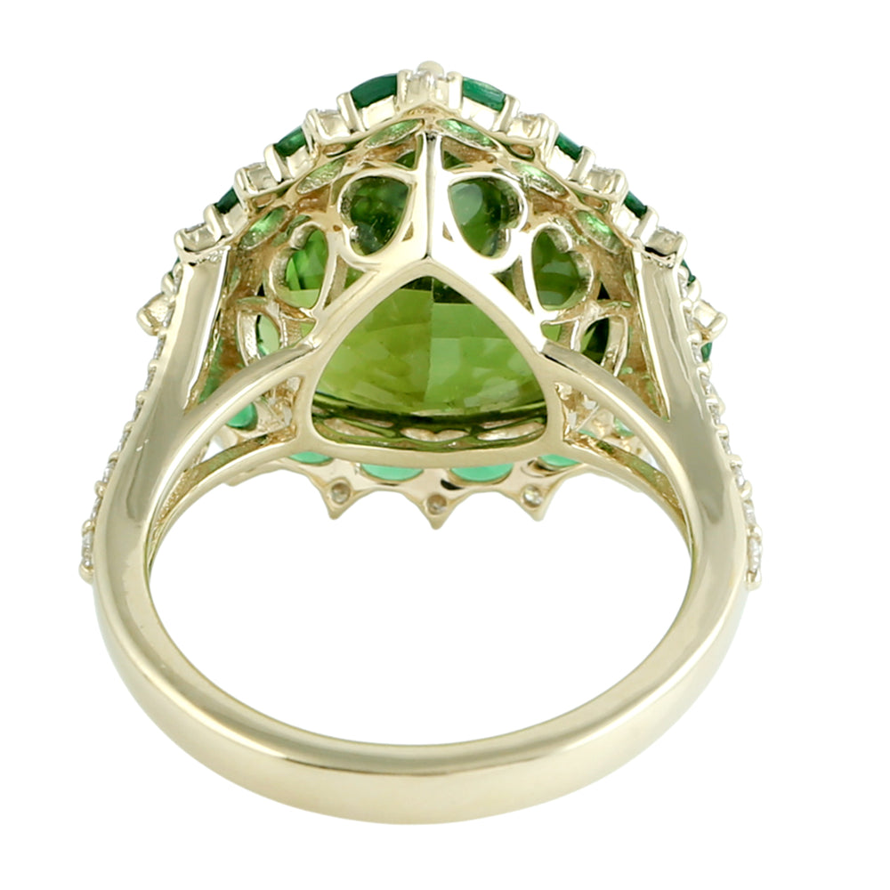 Green Tourmaline & Tsavorite Pave Diamond Cocktail Ring in 14K Yellow Gold