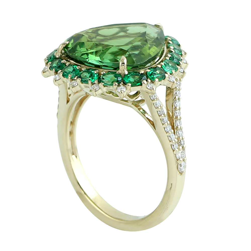 Green Tourmaline & Tsavorite Pave Diamond Cocktail Ring in 14K Yellow Gold