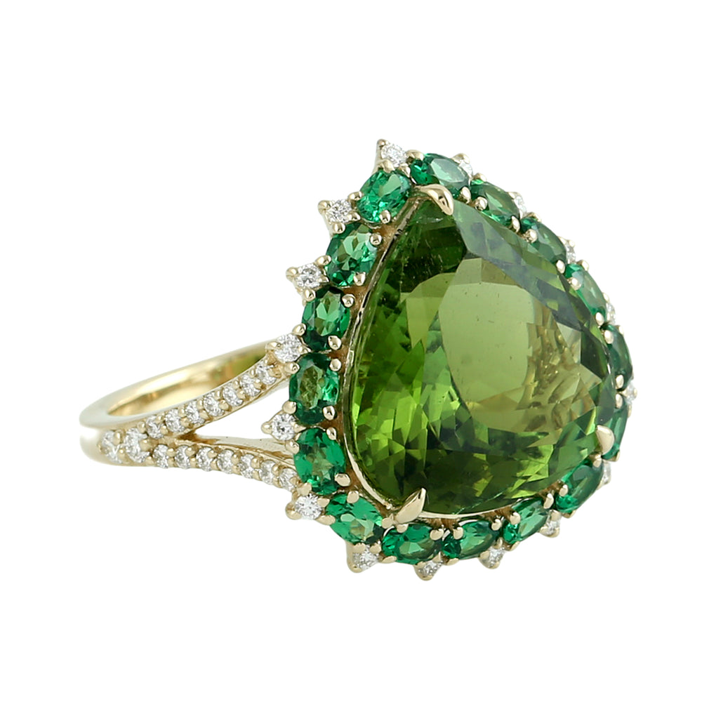 Green Tourmaline & Tsavorite Pave Diamond Cocktail Ring in 14K Yellow Gold