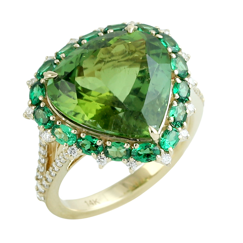 Green Tourmaline & Tsavorite Pave Diamond Cocktail Ring in 14K Yellow Gold