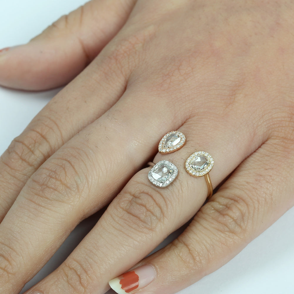 Three-Stone Rose Cut Diamond Halo Ring in 18K Tri-Tone Gold