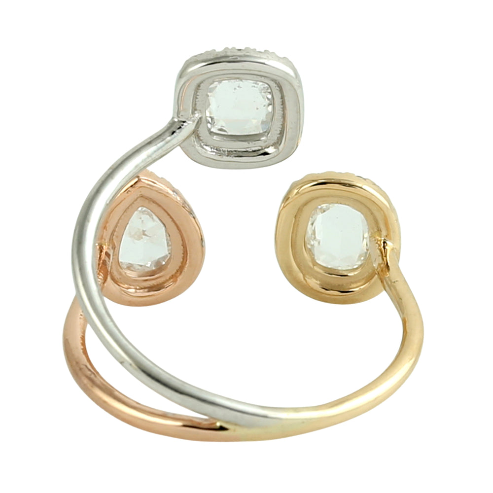 Three-Stone Rose Cut Diamond Halo Ring in 18K Tri-Tone Gold