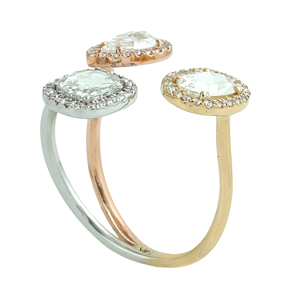 Three-Stone Rose Cut Diamond Halo Ring in 18K Tri-Tone Gold