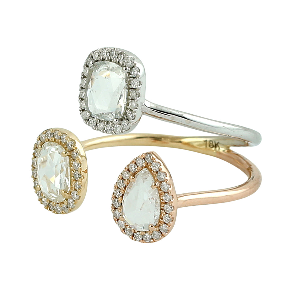 Three-Stone Rose Cut Diamond Halo Ring in 18K Tri-Tone Gold