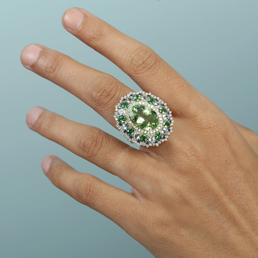 Green Tourmaline, Aquamarine, Tsavorite & Sapphire Multi-Halo Cocktail Ring in 14K Yellow Gold