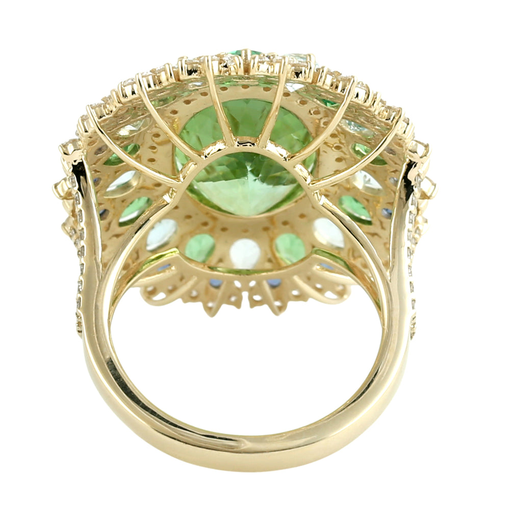 Green Tourmaline, Aquamarine, Tsavorite & Sapphire Multi-Halo Cocktail Ring in 14K Yellow Gold