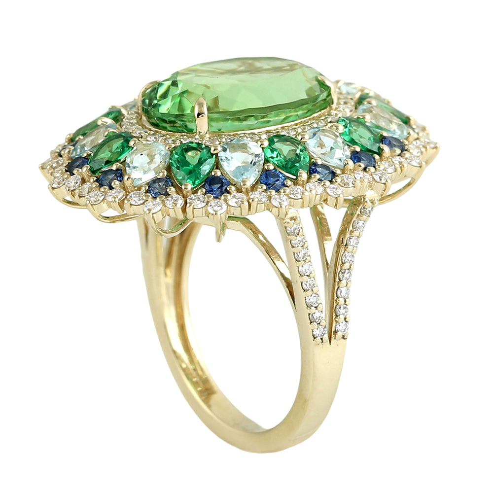 Green Tourmaline, Aquamarine, Tsavorite & Sapphire Multi-Halo Cocktail Ring in 14K Yellow Gold