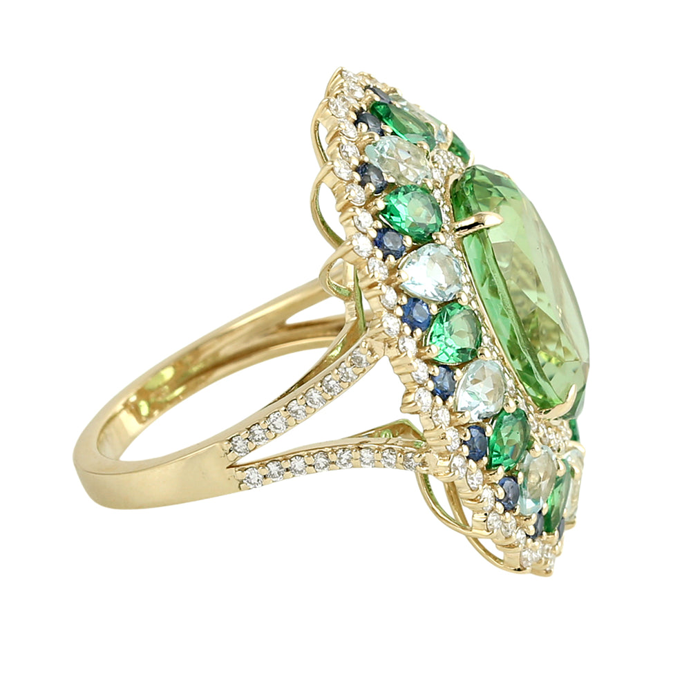 Green Tourmaline, Aquamarine, Tsavorite & Sapphire Multi-Halo Cocktail Ring in 14K Yellow Gold