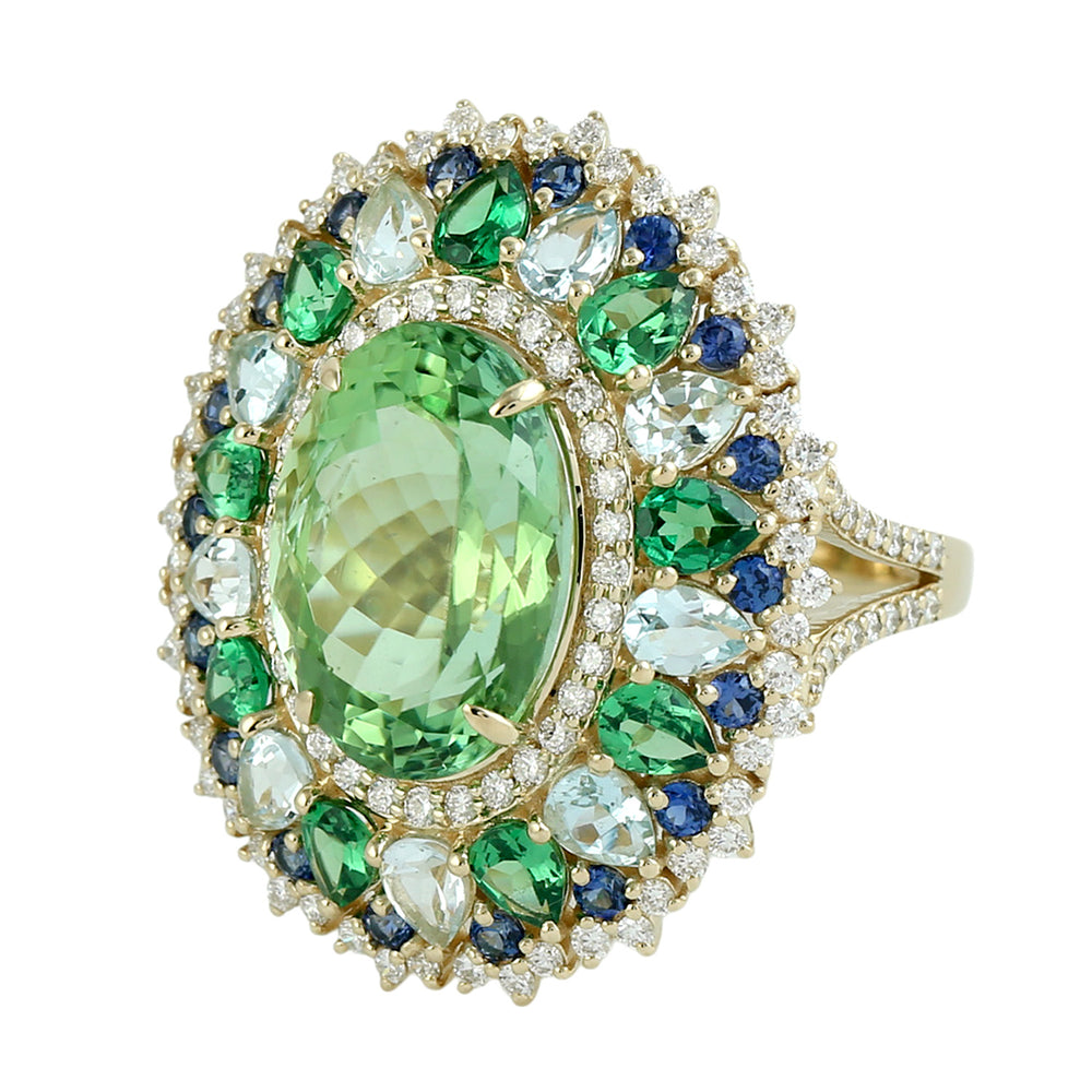 Green Tourmaline, Aquamarine, Tsavorite & Sapphire Multi-Halo Cocktail Ring in 14K Yellow Gold