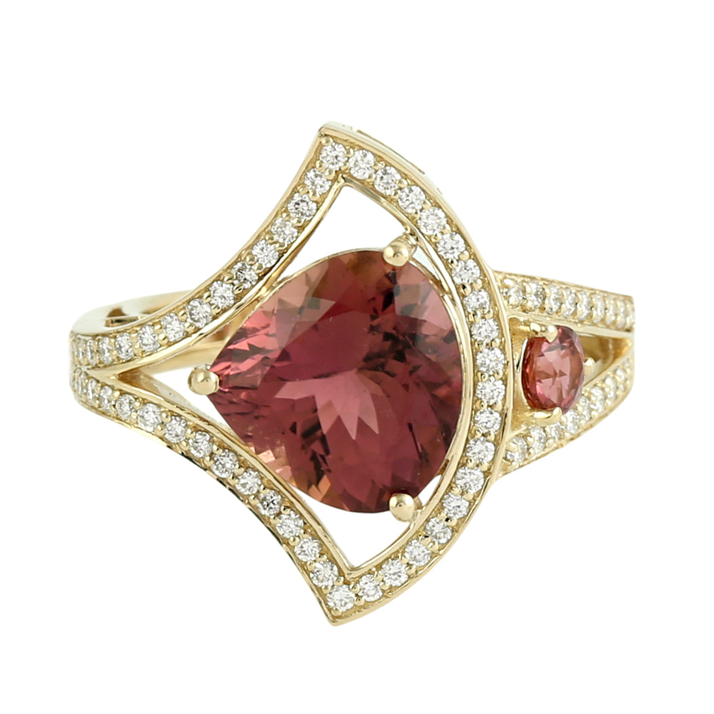 Pear Cut Pink Tourmaline Pave Diamond Cocktail Ring in 14K Yellow Gold