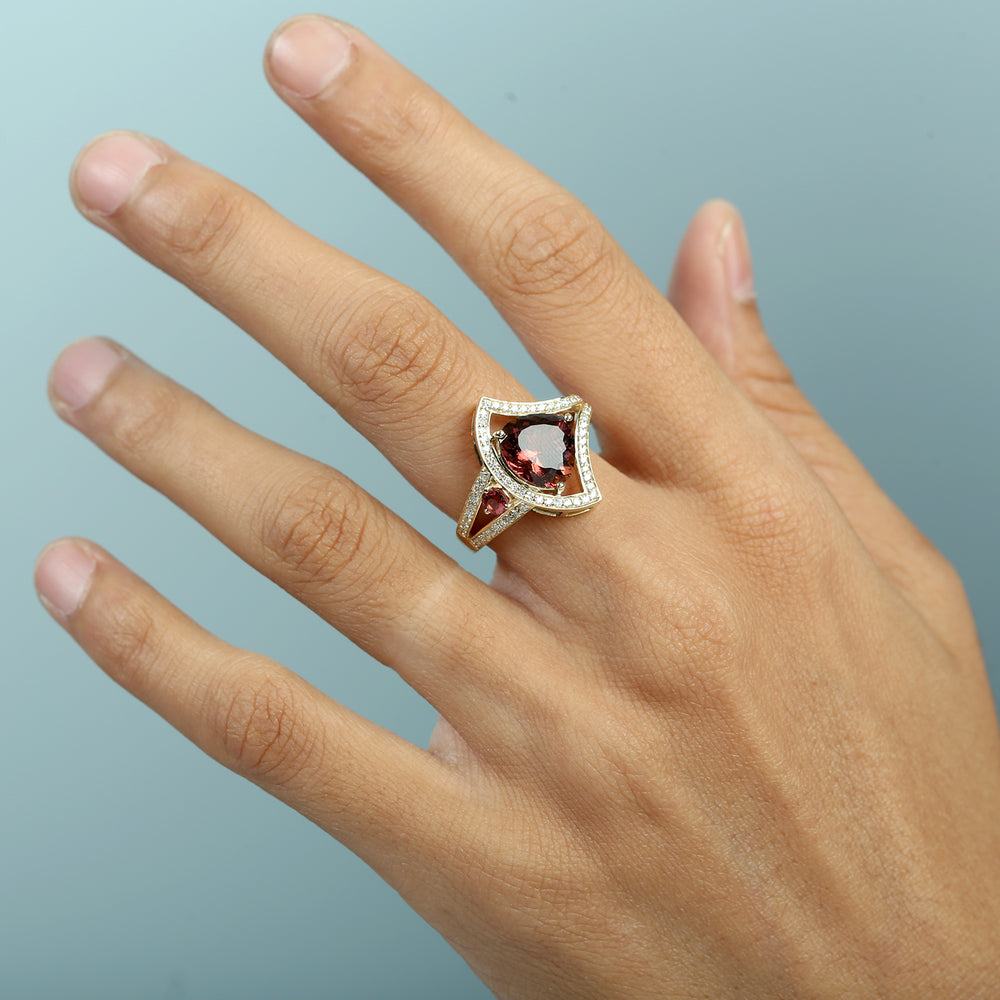 Pear Cut Pink Tourmaline Pave Diamond Cocktail Ring in 14K Yellow Gold