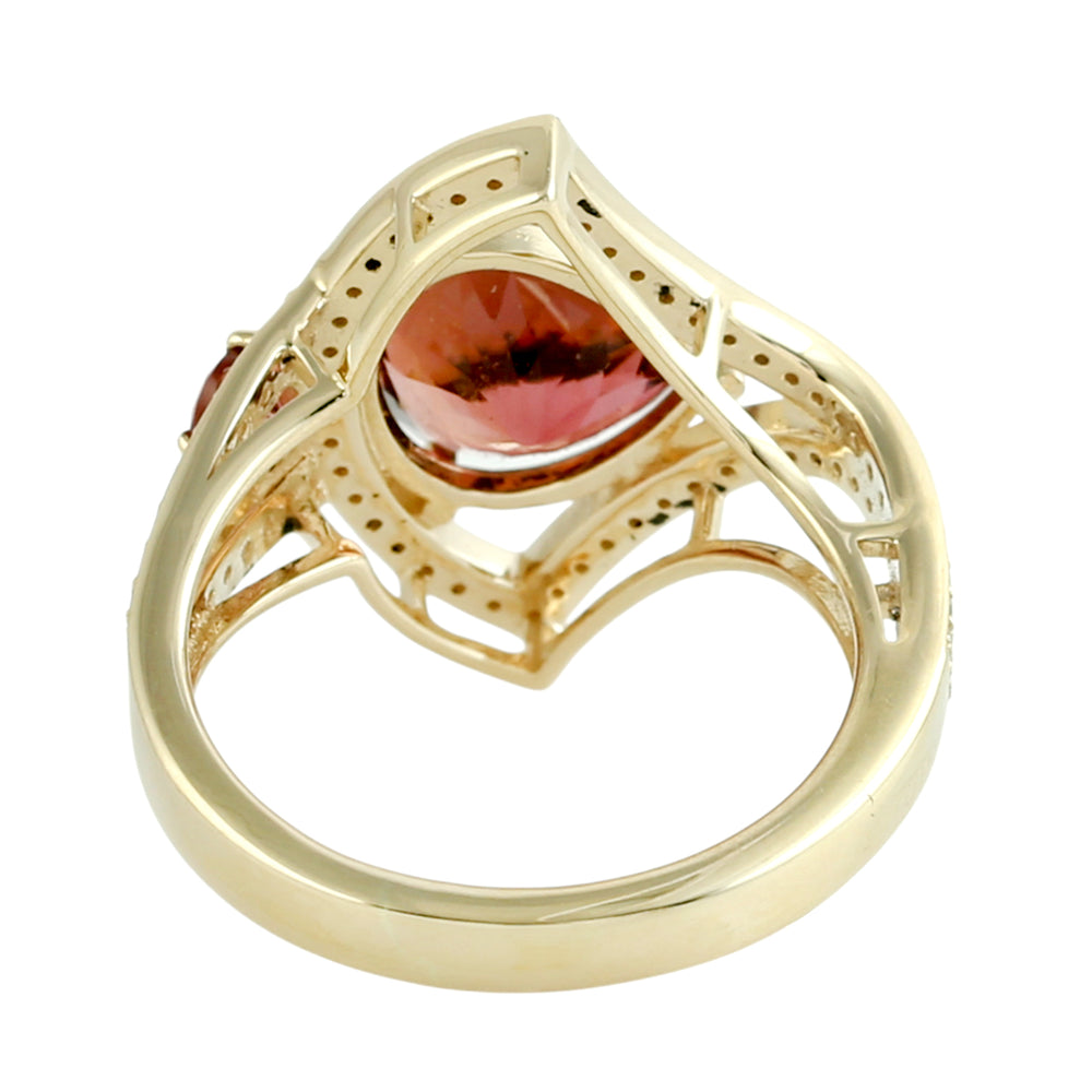 Pear Cut Pink Tourmaline Pave Diamond Cocktail Ring in 14K Yellow Gold