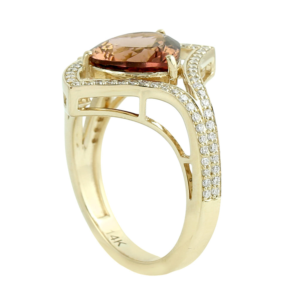 Pear Cut Pink Tourmaline Pave Diamond Cocktail Ring in 14K Yellow Gold