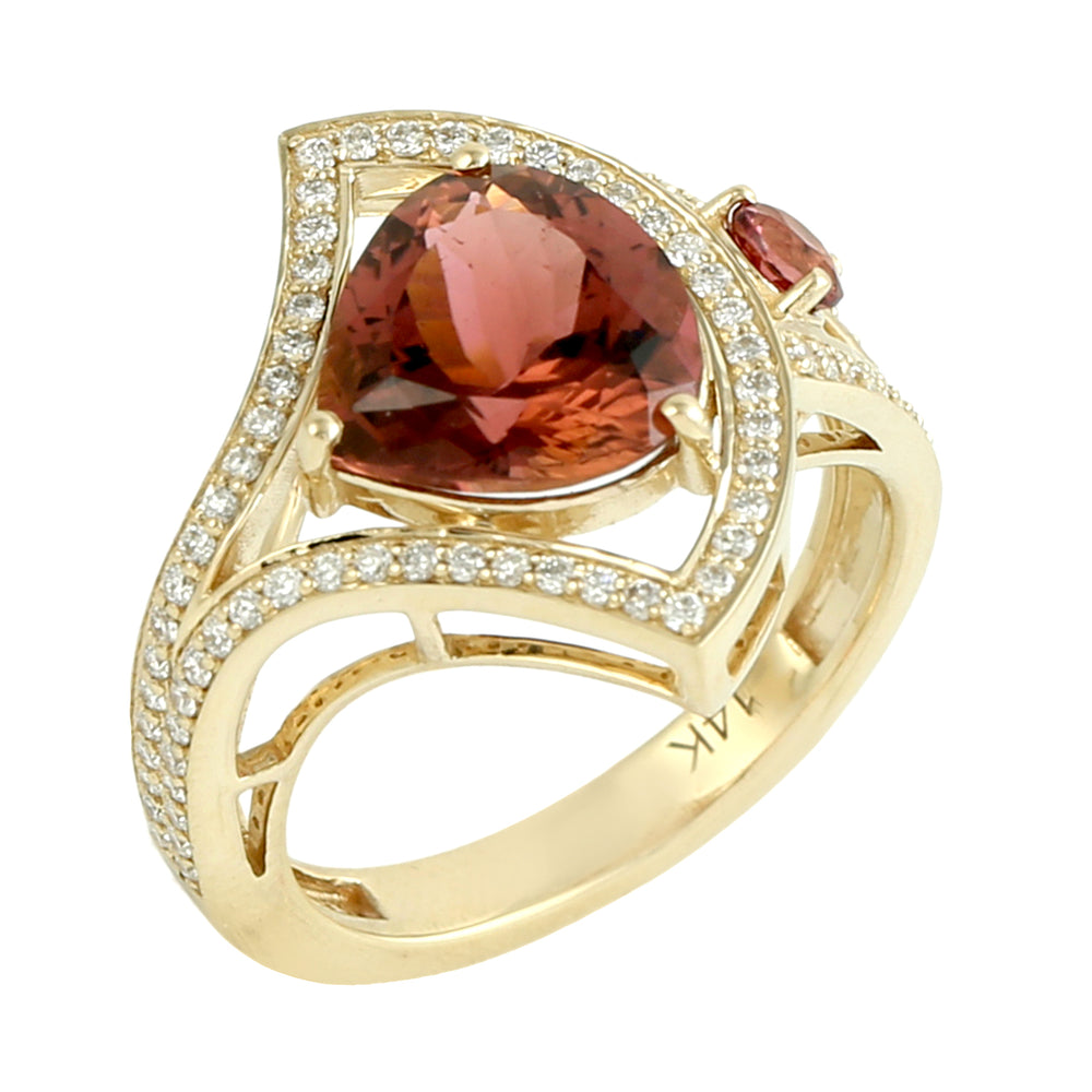 Pear Cut Pink Tourmaline Pave Diamond Cocktail Ring in 14K Yellow Gold