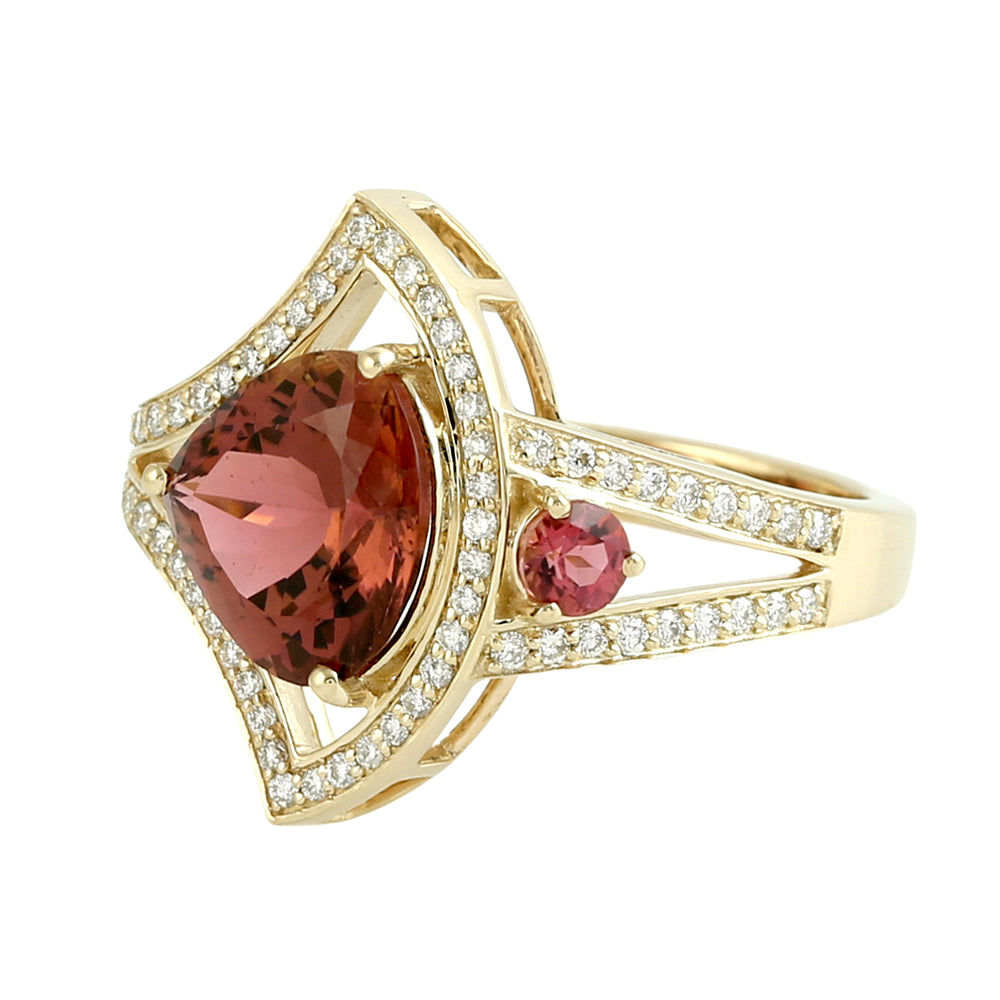 Pear Cut Pink Tourmaline Pave Diamond Cocktail Ring in 14K Yellow Gold