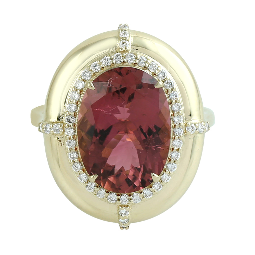 Oval Cut Pink Tourmaline Pave Diamond Cocktail Ring in 14K Yellow Gold