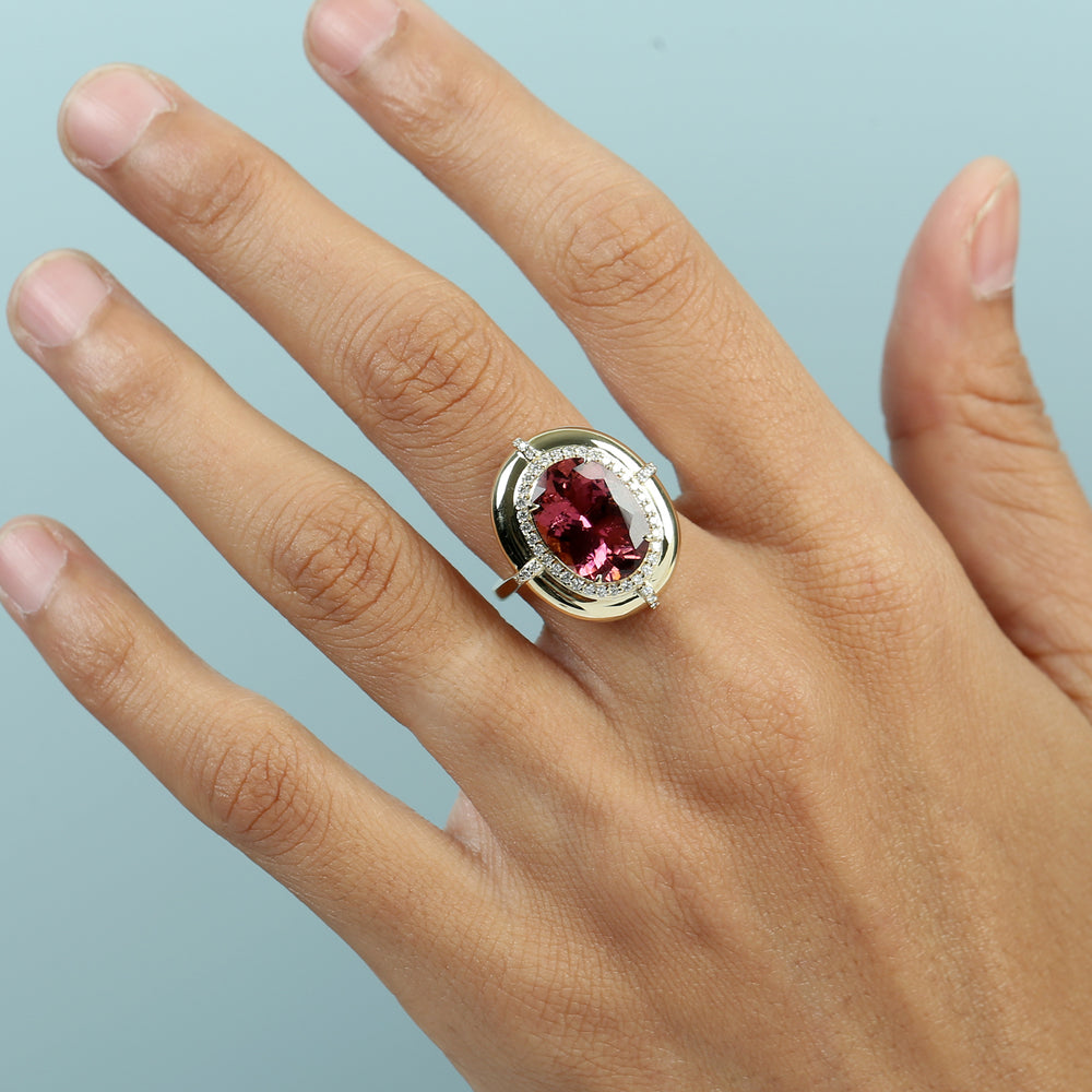 Oval Cut Pink Tourmaline Pave Diamond Cocktail Ring in 14K Yellow Gold