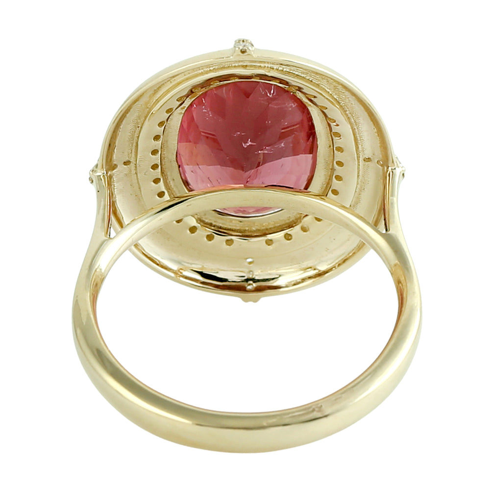 Oval Cut Pink Tourmaline Pave Diamond Cocktail Ring in 14K Yellow Gold