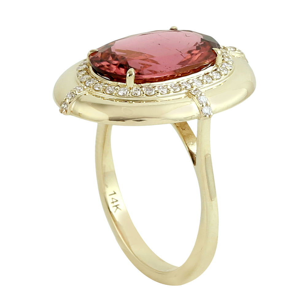 Oval Cut Pink Tourmaline Pave Diamond Cocktail Ring in 14K Yellow Gold