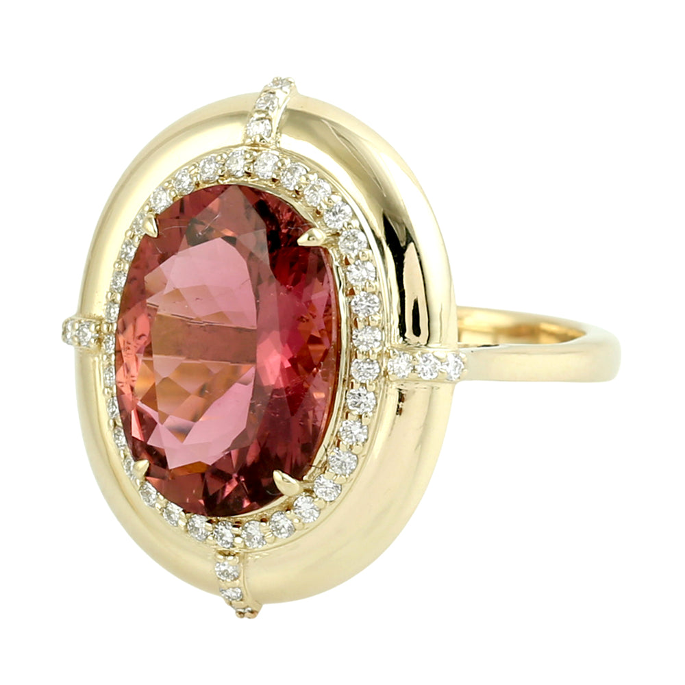 Oval Cut Pink Tourmaline Pave Diamond Cocktail Ring in 14K Yellow Gold