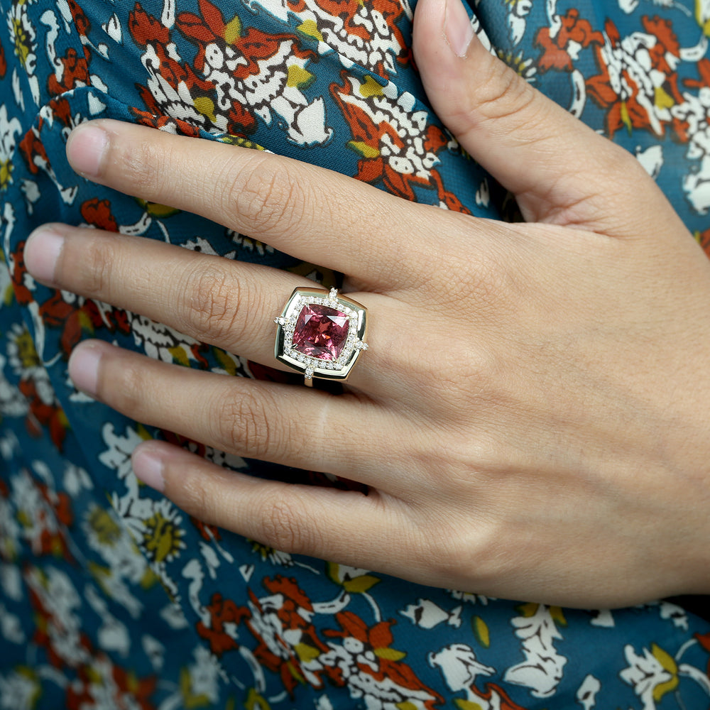 Cushion Cut Pink Tourmaline Pave Diamond Solitaire Ring in 14K Yellow Gold