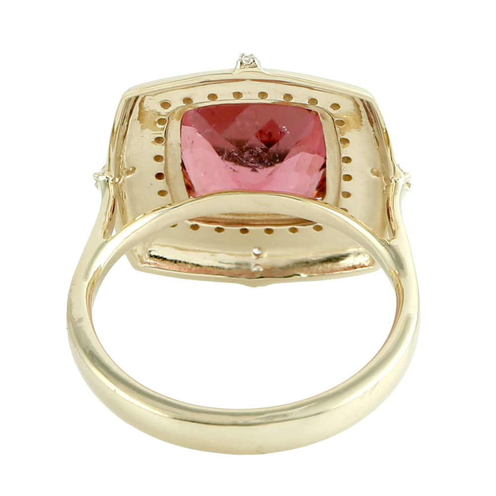 Cushion Cut Pink Tourmaline Pave Diamond Solitaire Ring in 14K Yellow Gold