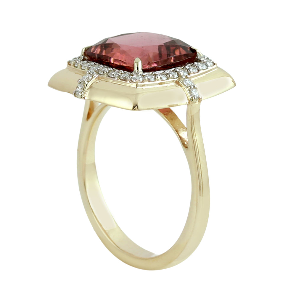 Cushion Cut Pink Tourmaline Pave Diamond Solitaire Ring in 14K Yellow Gold