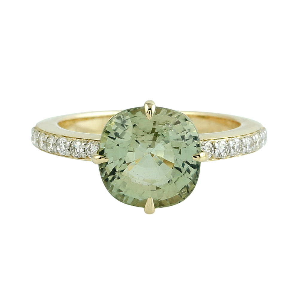 Green Tourmaline Gemstone Pave Diamond Solitaire Ring in 14K Yellow Gold