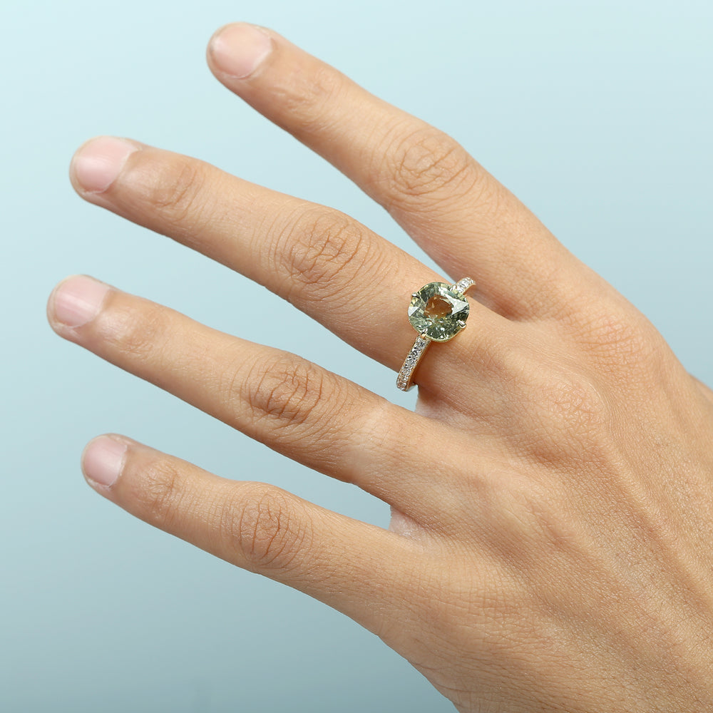 Green Tourmaline Gemstone Pave Diamond Solitaire Ring in 14K Yellow Gold