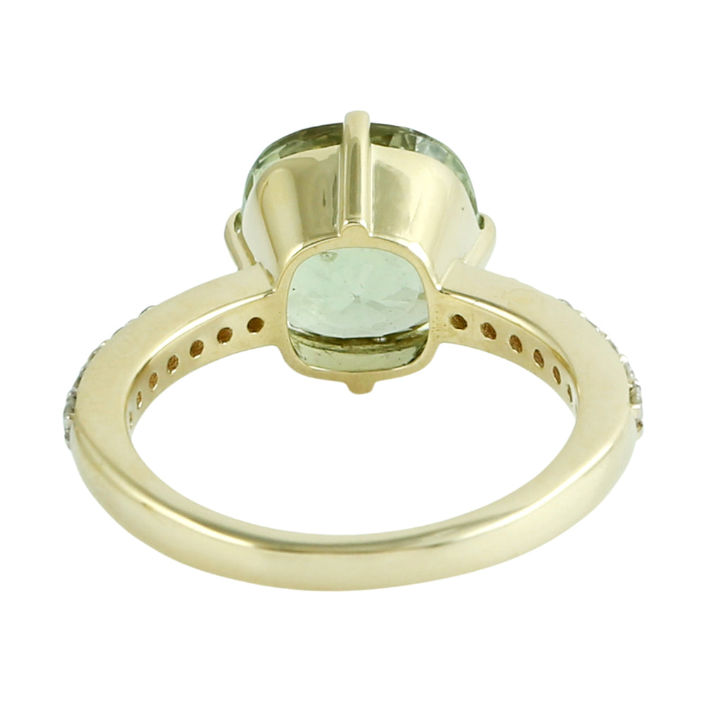 Green Tourmaline Gemstone Pave Diamond Solitaire Ring in 14K Yellow Gold