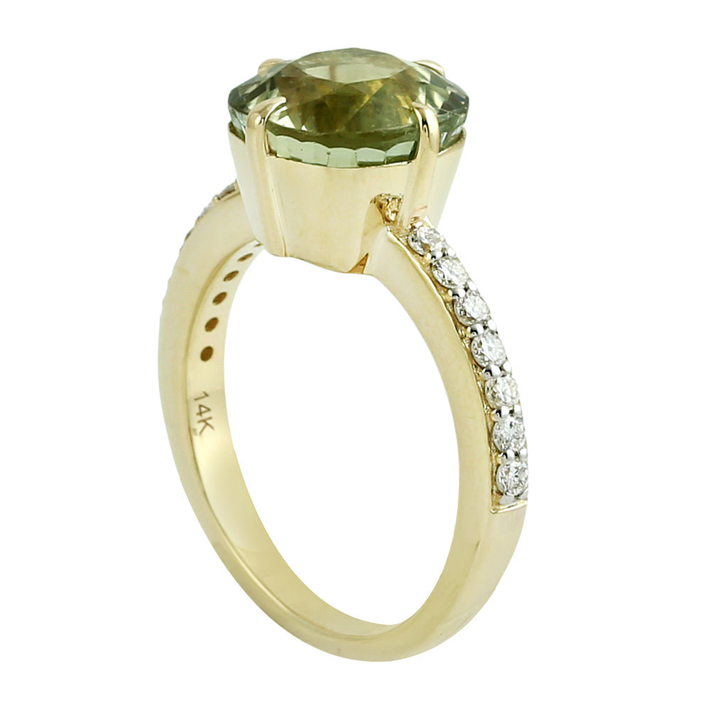 Green Tourmaline Gemstone Pave Diamond Solitaire Ring in 14K Yellow Gold