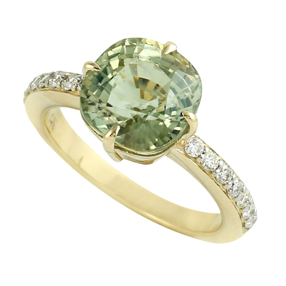 Green Tourmaline Gemstone Pave Diamond Solitaire Ring in 14K Yellow Gold